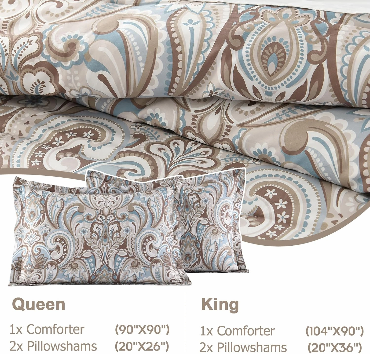 Finlonte Damask Queen Comforter Set, 100% Cotton Paisley Floral Comforter Bedding Set, Luxury Ethnic Queen Size Comforter