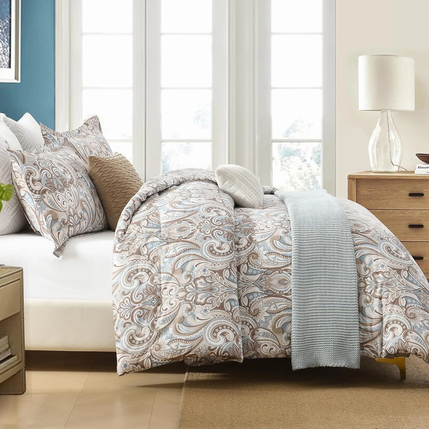 Finlonte Damask Queen Comforter Set, 100% Cotton Paisley Floral Comforter Bedding Set, Luxury Ethnic Queen Size Comforter