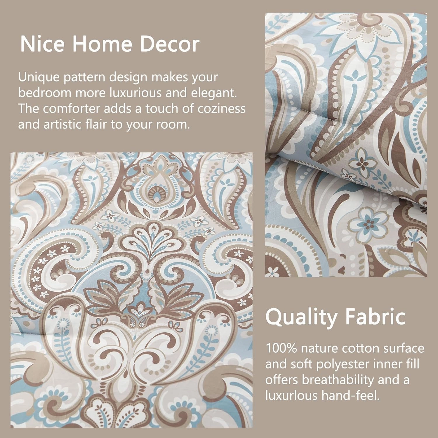 Finlonte Damask Queen Comforter Set, 100% Cotton Paisley Floral Comforter Bedding Set, Luxury Ethnic Queen Size Comforter