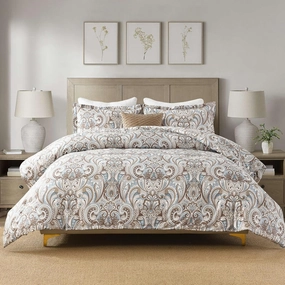 Finlonte Damask Queen Comforter Set, 100% Cotton Paisley Floral Comforter Bedding Set, Luxury Ethnic Queen Size Comforter