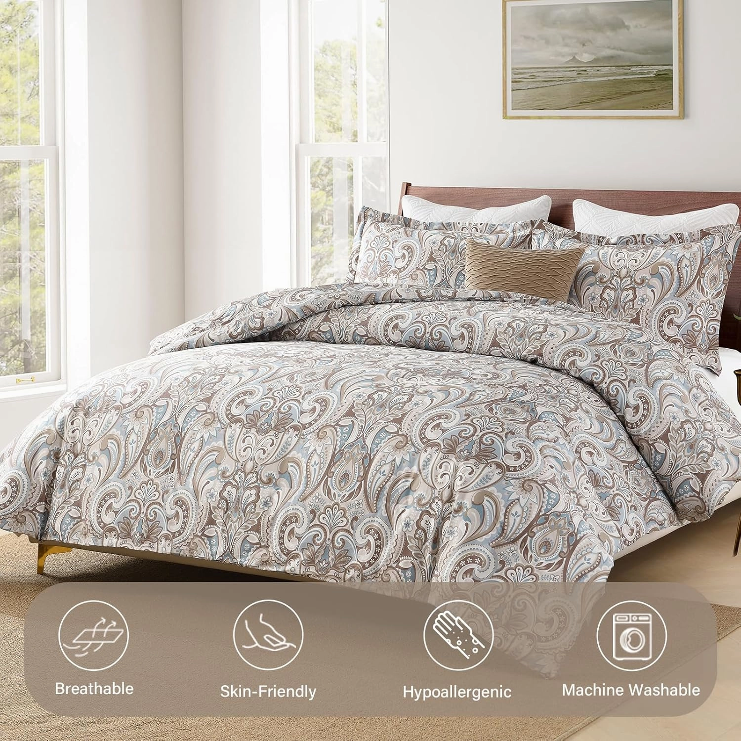Finlonte Damask Queen Comforter Set, 100% Cotton Paisley Floral Comforter Bedding Set, Luxury Ethnic Queen Size Comforter