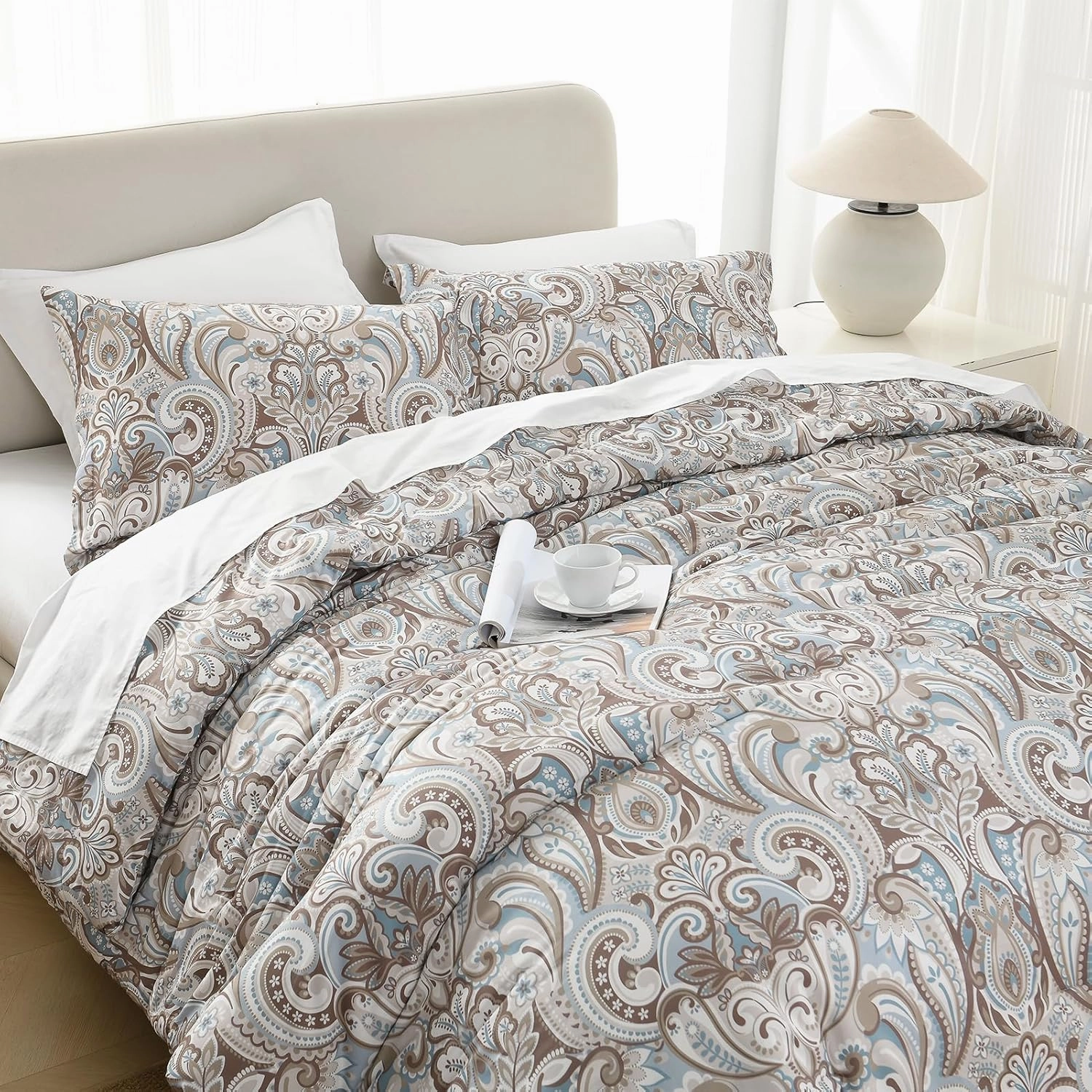 Finlonte Damask Queen Comforter Set, 100% Cotton Paisley Floral Comforter Bedding Set, Luxury Ethnic Queen Size Comforter