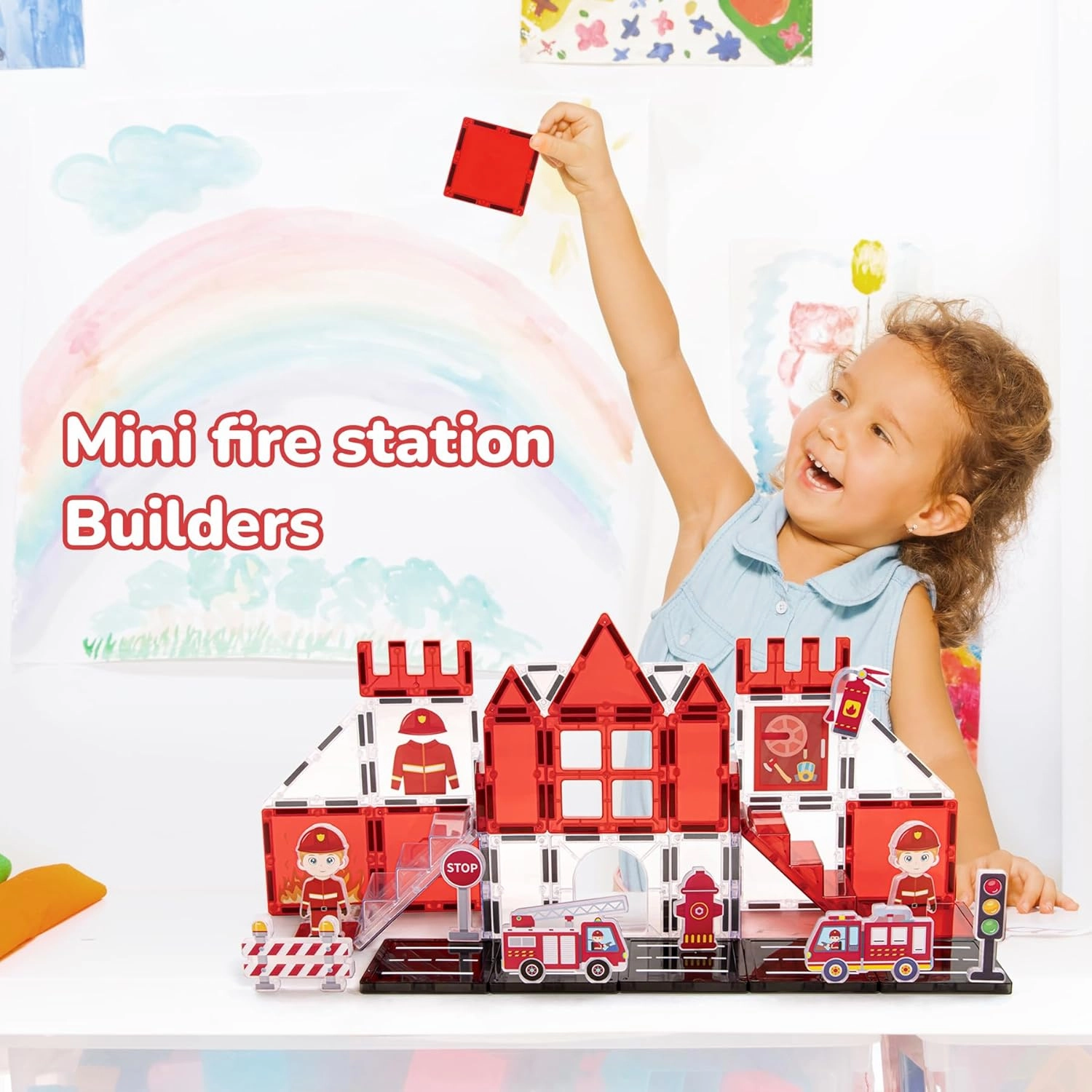 Fire Rescue Magnetic Tiles (48PCS), STEM Building Set with Fire Truck & Firefighter, Preschool Learning Building Set for Ages 3-8, Birthday Gift for Boys & Girls(Extinguisher, Helmet)