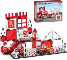 Fire Rescue Magnetic Tiles (48PCS), STEM Building Set with Fire Truck & Firefighter, Preschool Learning Building Set for Ages 3-8, Birthday Gift for Boys & Girls(Extinguisher, Helmet)