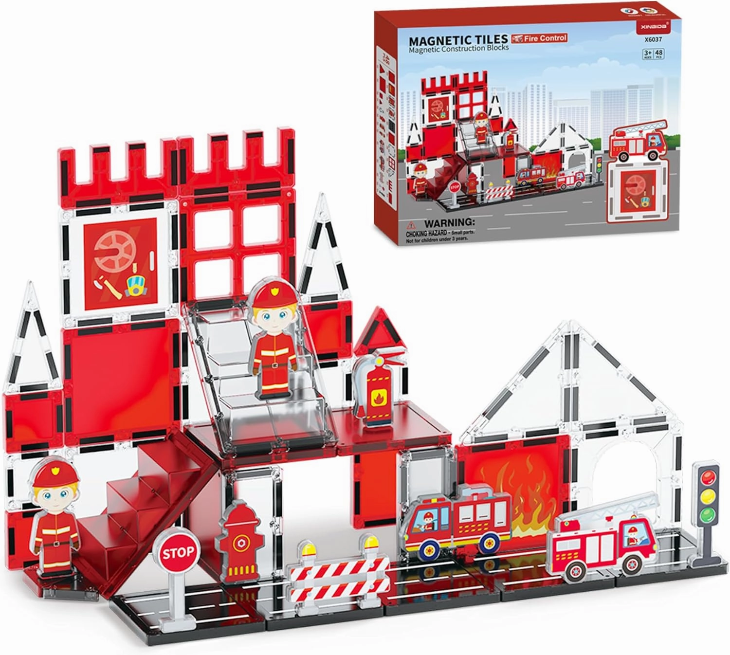 Fire Rescue Magnetic Tiles (48PCS), STEM Building Set with Fire Truck & Firefighter, Preschool Learning Building Set for Ages 3-8, Birthday Gift for Boys & Girls(Extinguisher, Helmet)