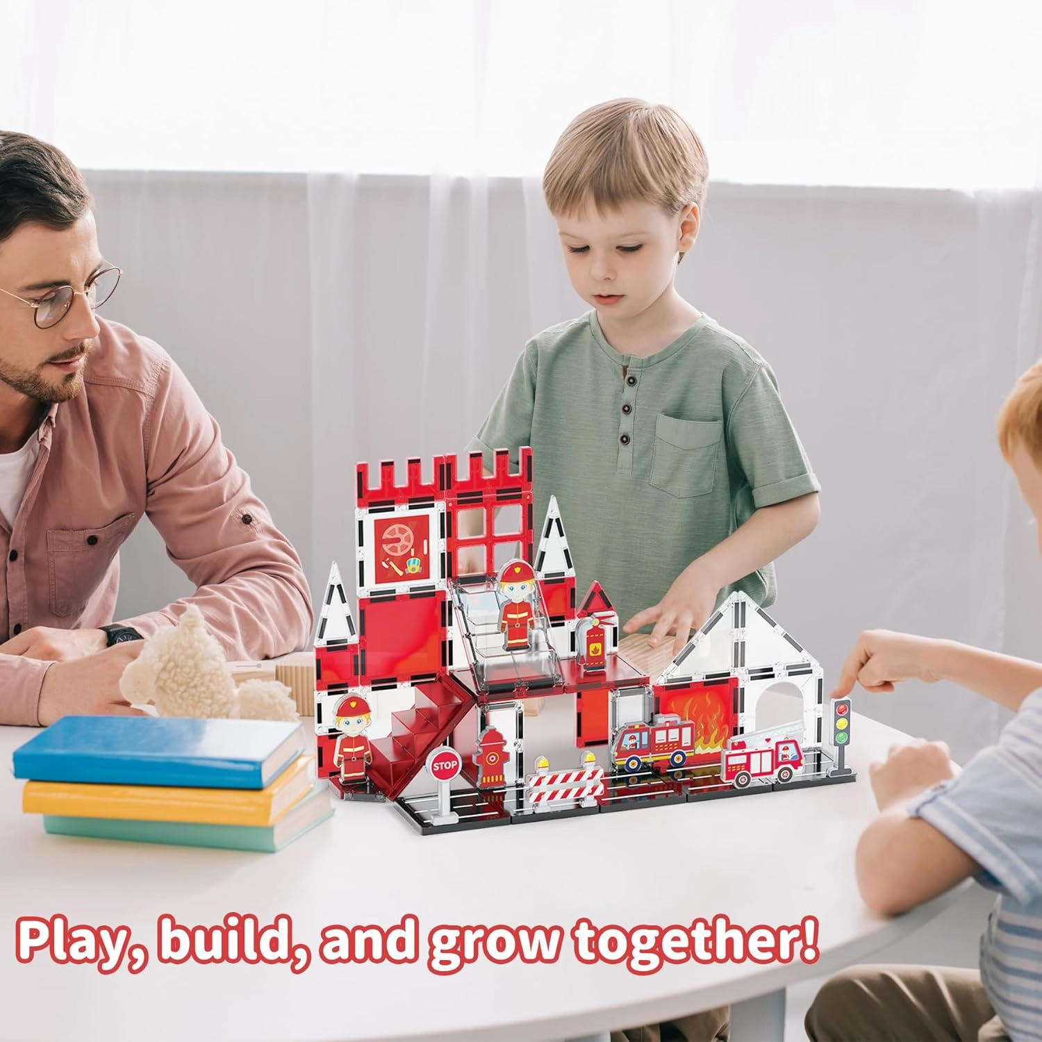 Fire Rescue Magnetic Tiles (48PCS), STEM Building Set with Fire Truck & Firefighter, Preschool Learning Building Set for Ages 3-8, Birthday Gift for Boys & Girls(Extinguisher, Helmet)