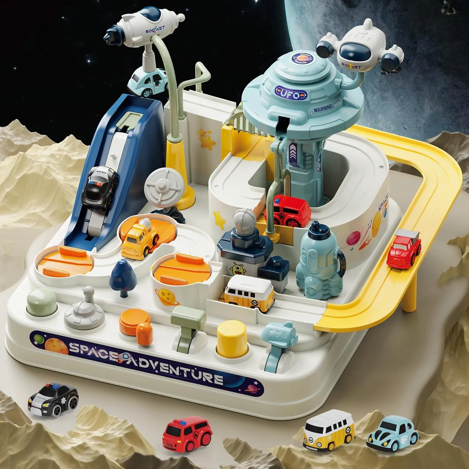 Fistone Kids Race Track Car Adventure Toy for Toddlers, Spaceship Puzzle Rail Track City Rescue Playset with 4 Mini Cars, Preschool Educational Car Games Toys for Boys Age 3 