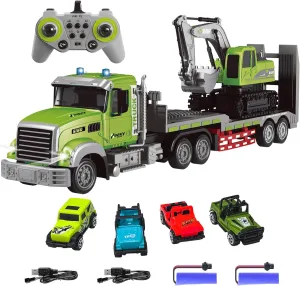 Fistone RC Semi-Trailer Truck & Excavator Toy Set, 1:12 Scale with Sound and Lights, 2.4Ghz Remote Control Flatbed Truck and Excavator Toys for Boys 6-12 Years Old