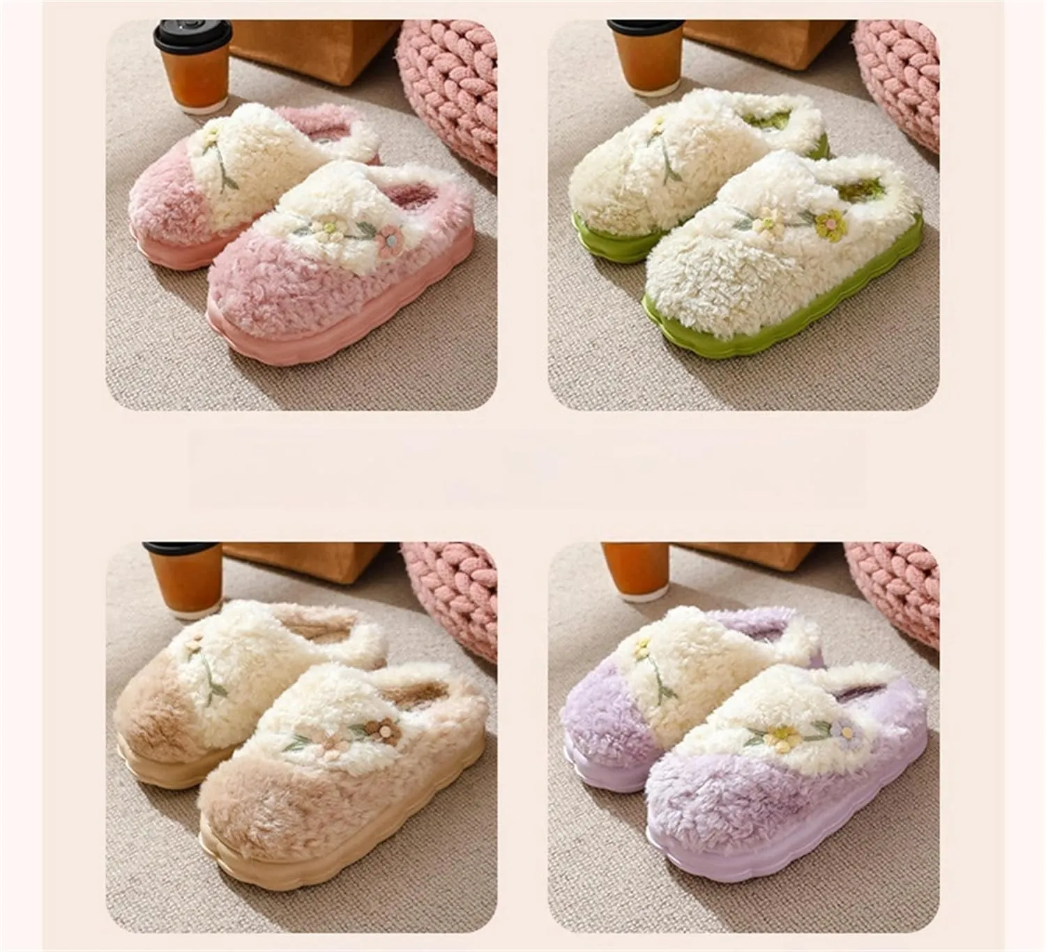 Flower Slippers - Unisex Adults - Men, Women, Home Users - Slip-On - One Size Fits Most - Non-Slip - Indoor/Outdoor - Cotton Plush - EVA Sole