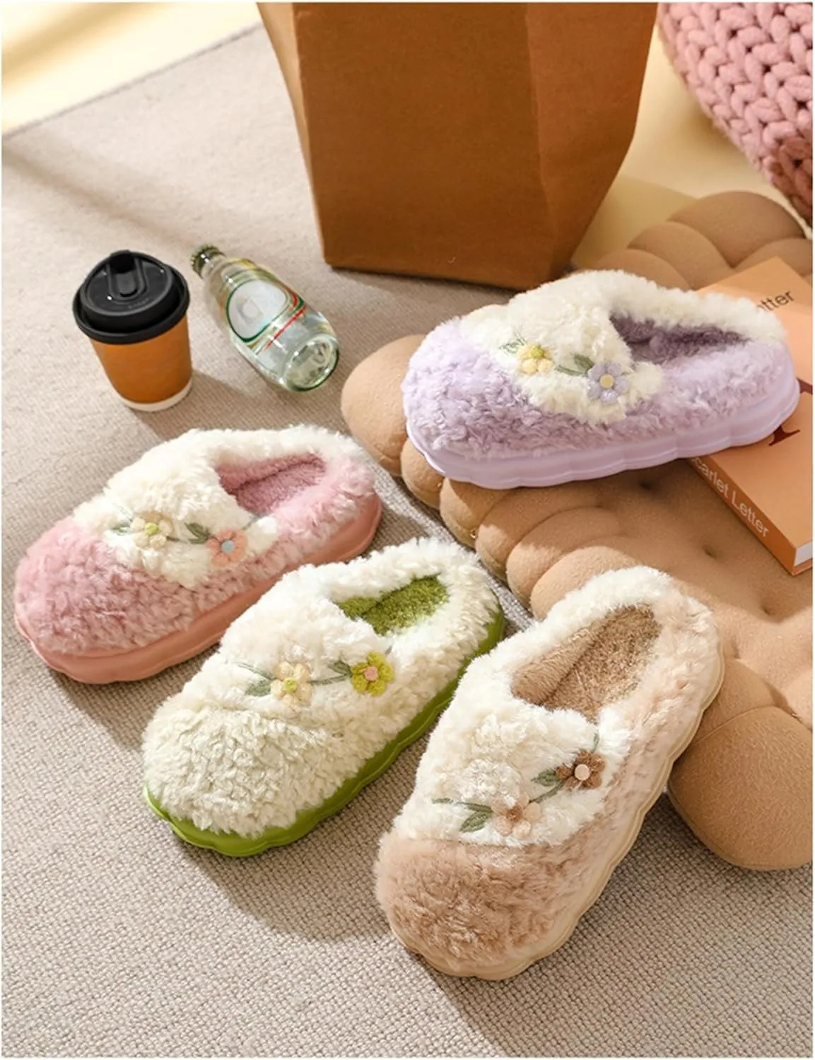 Flower Slippers - Unisex Adults - Men, Women, Home Users - Slip-On - One Size Fits Most - Non-Slip - Indoor/Outdoor - Cotton Plush - EVA Sole