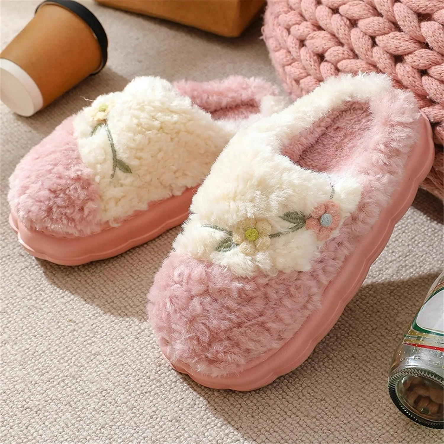 Flower Slippers - Unisex Adults - Men, Women, Home Users - Slip-On - One Size Fits Most - Non-Slip - Indoor/Outdoor - Cotton Plush - EVA Sole