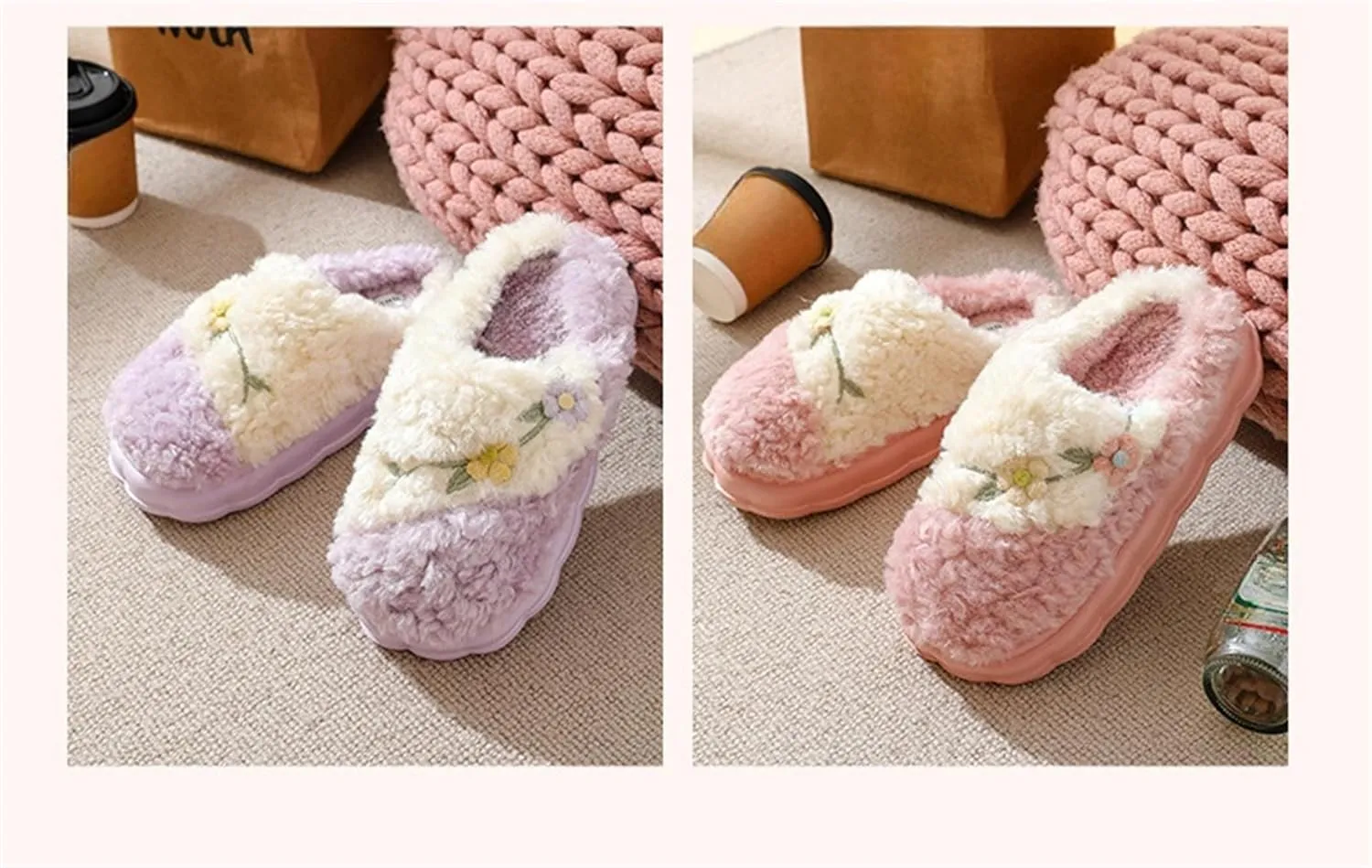 Flower Slippers - Unisex Adults - Men, Women, Home Users - Slip-On - One Size Fits Most - Non-Slip - Indoor/Outdoor - Cotton Plush - EVA Sole
