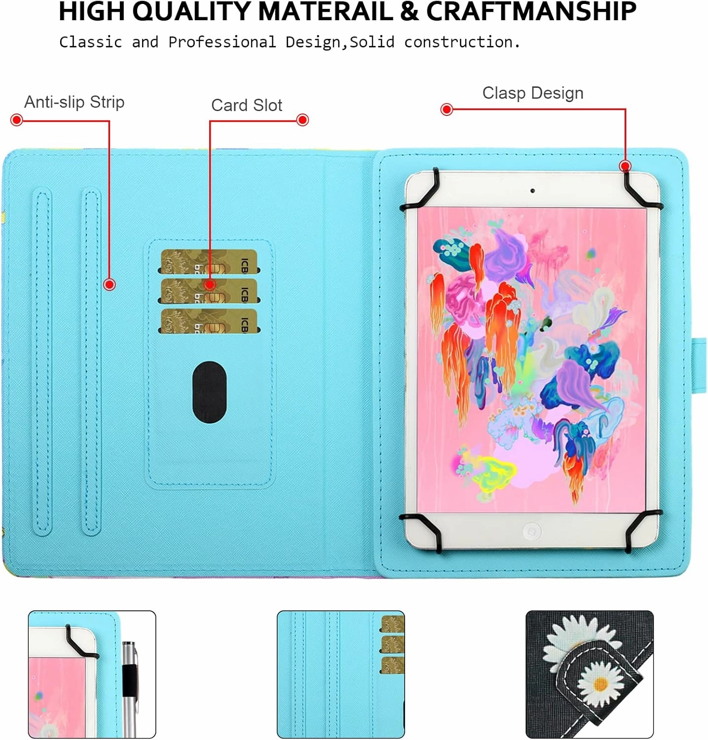Flower Universal Case for 8 Inch Tablet, Techcircle Stand Folio Floral Design PU Leather Magnetic [Card Holder] Cover for Asus ZenPad 8, LG G-Pad 8.0 8.3, Samsung Tab 8.0" 8.4", Daisy Petals
