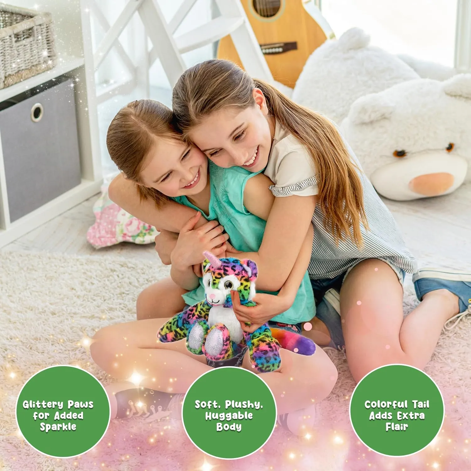 Fluffytale Stuffed Animal – 10” Plush Animals with Fluffy Tail, Embroidered Smile, Glittery Paws, Horn & Ears – Huggable Safari Plushie, Room Décor, Great Gift (Leopard)