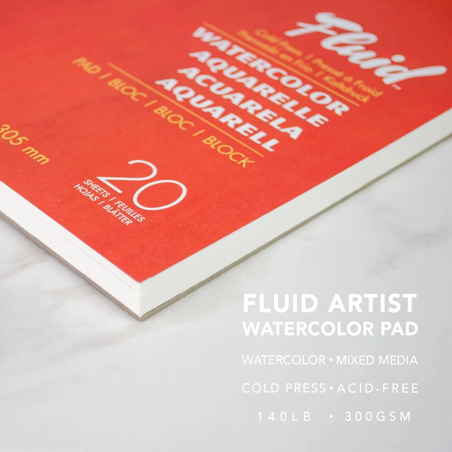 Fluid Watercolor Paper Fold Over Pad, 11 x 15 inches, 20 White Sheets 140 lb (300 GSM) Cold Press for Artist Painting and Wet Media