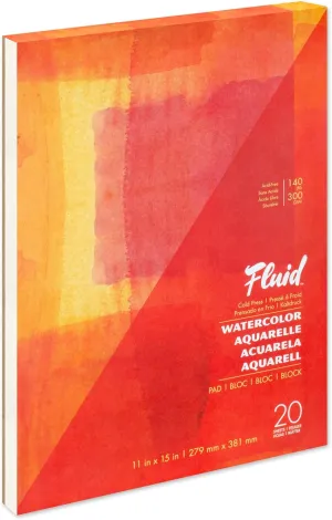 Fluid Watercolor Paper Fold Over Pad, 11 x 15 inches, 20 White Sheets 140 lb (300 GSM) Cold Press for Artist Painting and Wet Media