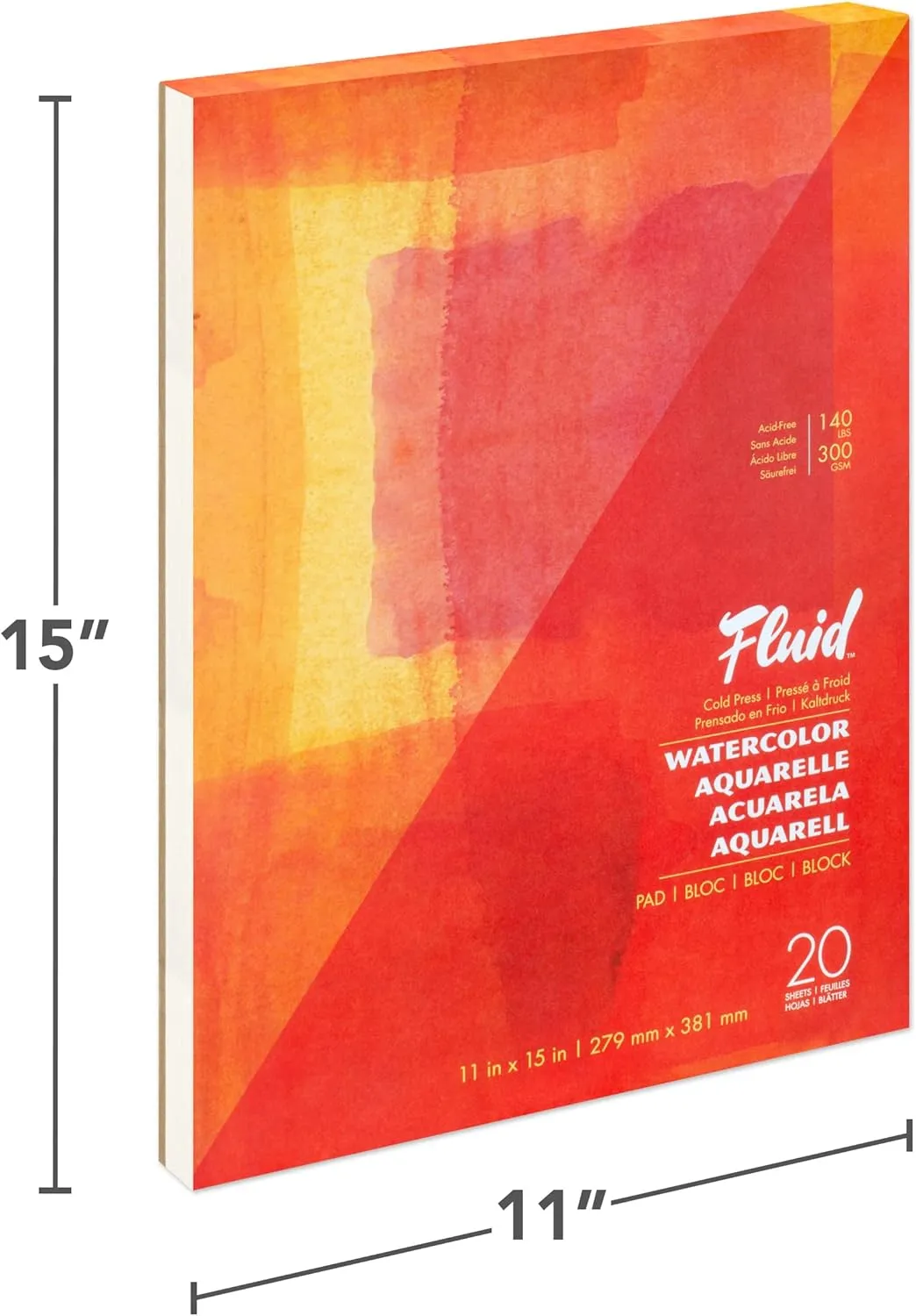 Fluid Watercolor Paper Fold Over Pad, 11 x 15 inches, 20 White Sheets 140 lb (300 GSM) Cold Press for Artist Painting and Wet Media