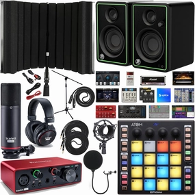 Focusrite Scarlett Solo Studio 2x2 USB Audio Interface Full Studio Bundle with Software Kit, CR3-X Creative Multimedia Monitors, ATOM MIDI Pad Controller, Boom Arm & Isolation Recording Shield