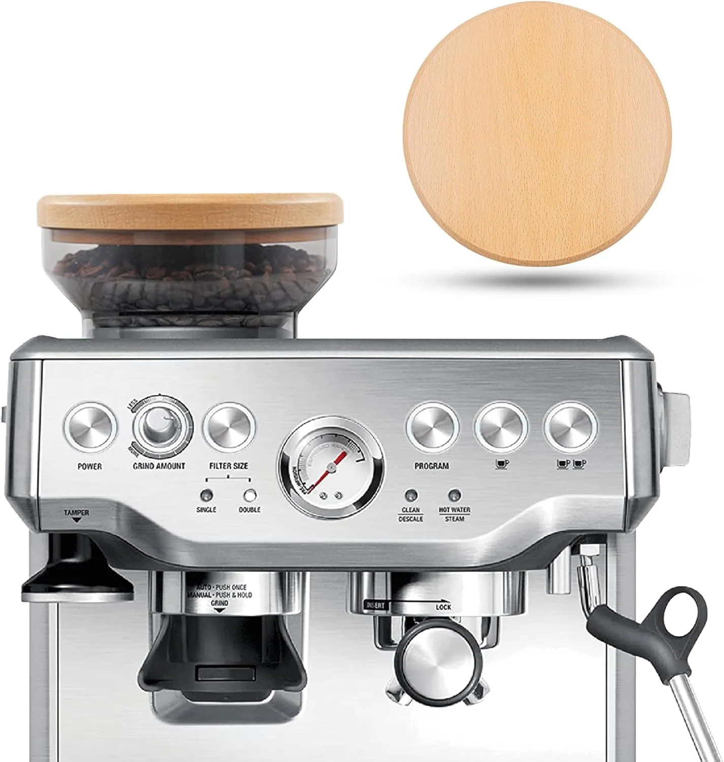 for Breville Barista Express Espresso Machine, Coffee Bean Replacement Lid on Coffee Maker Top Wooden Hopper Lid with Sealing Ring, Espresso Machine Accessories Bean Cover, Beech Wood