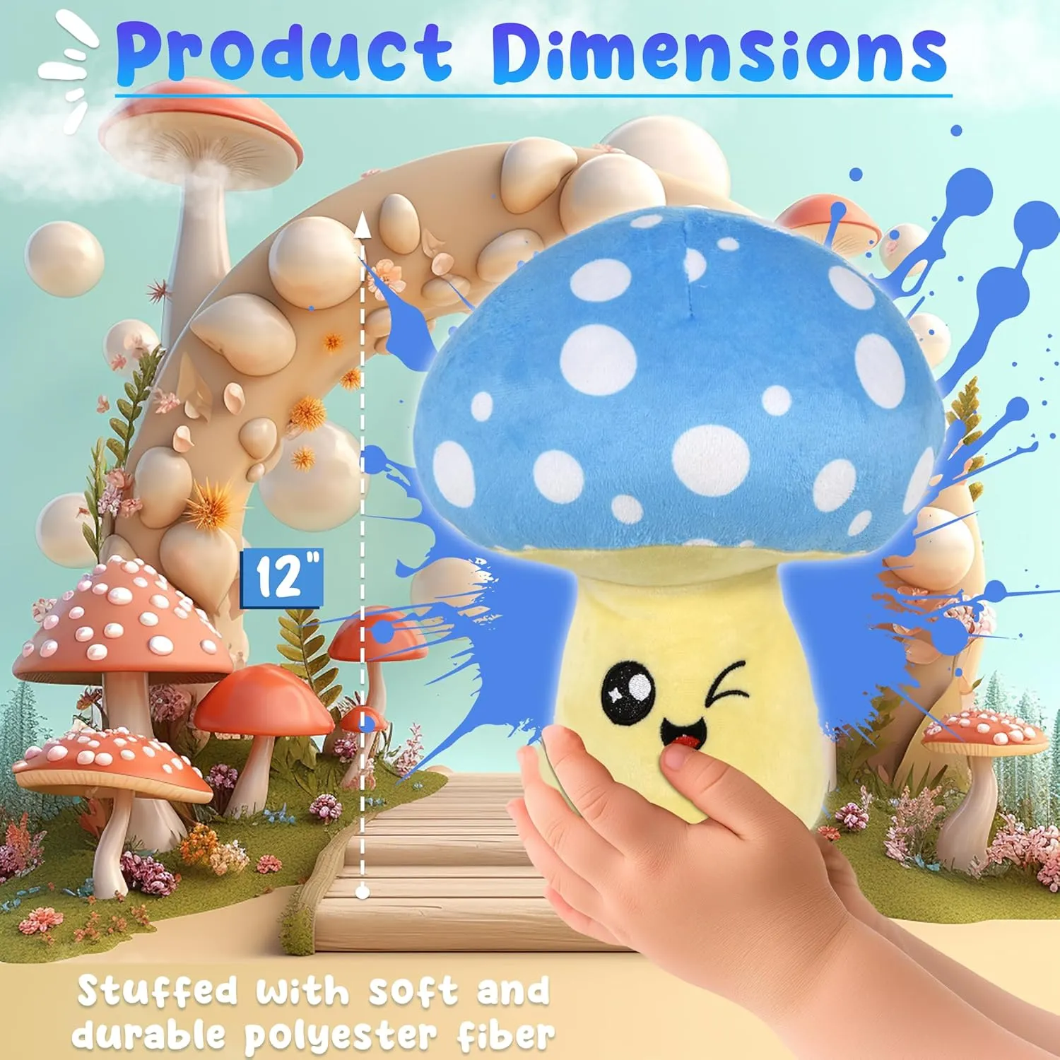 Forest & Twelfth Mushroom Plush Pillow – Cute Emoticon Mushroom Set for Beds and Sofas – Plushie Toys for Kids, Home Décor – Ultra-Soft Stuffed Animal Gift for Girls, Boys (Blue)