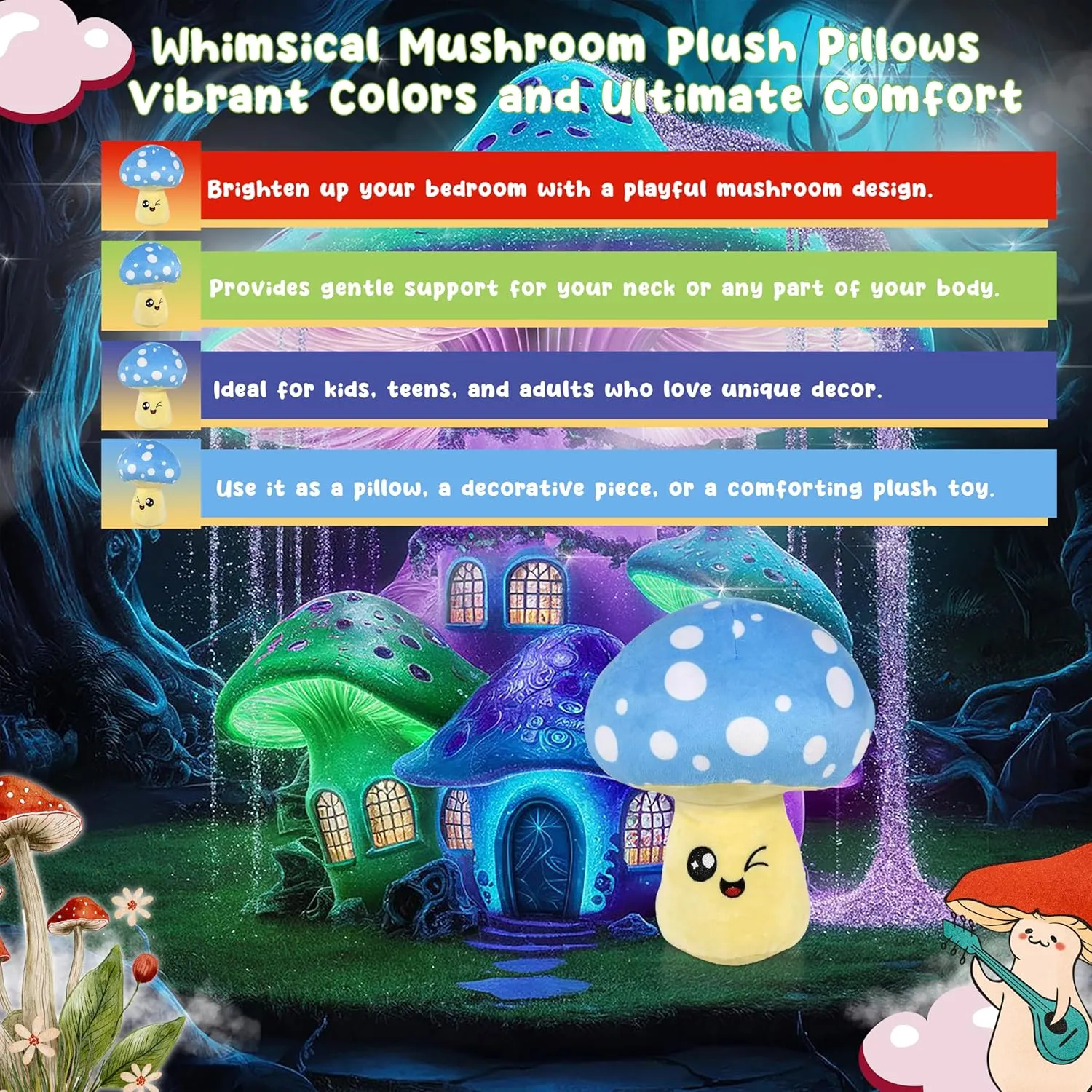 Forest & Twelfth Mushroom Plush Pillow – Cute Emoticon Mushroom Set for Beds and Sofas – Plushie Toys for Kids, Home Décor – Ultra-Soft Stuffed Animal Gift for Girls, Boys (Blue)