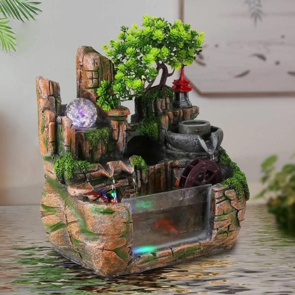 Fountain Waterfall Desktop with Light Indoor Fountain Zen Meditation Plants Stones LED Lamp Rockery Pump with Light Relaxation Resin Planter for Office Decoration (Fish)