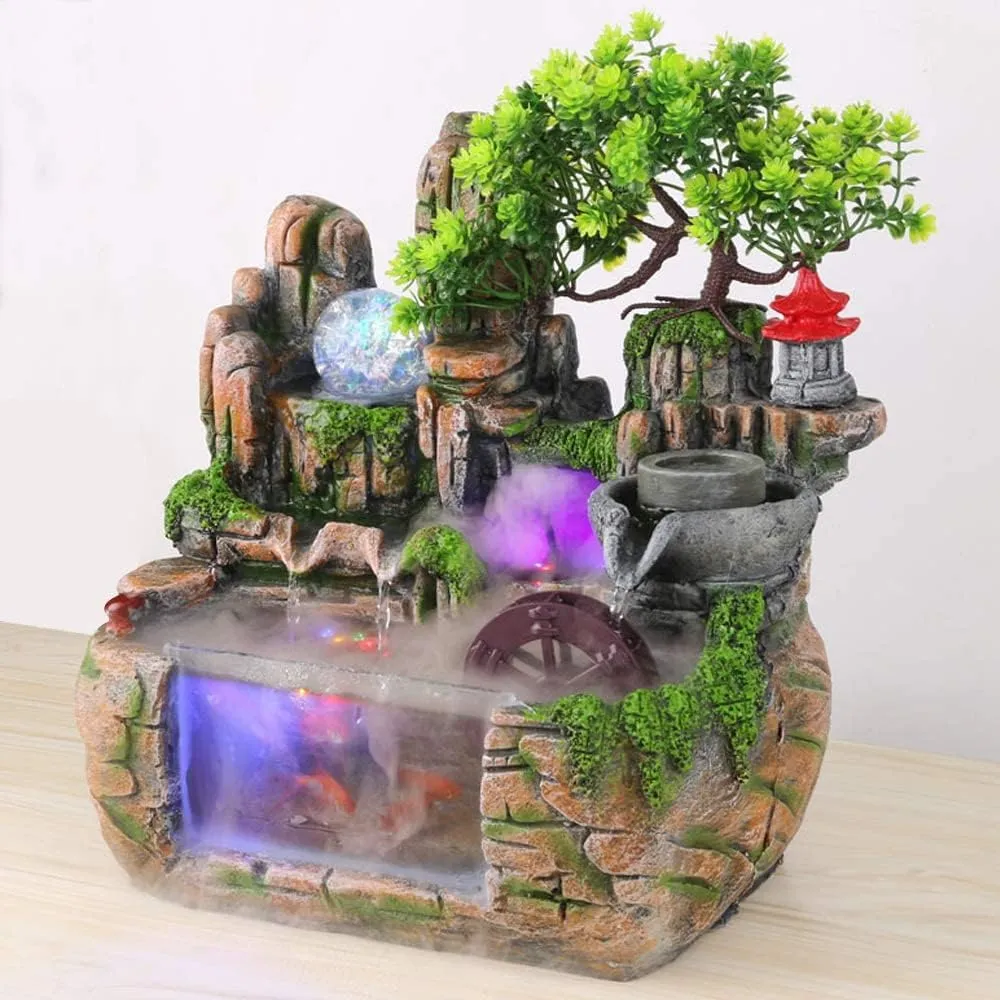 Fountain Waterfall Desktop with Light Indoor Fountain Zen Meditation Plants Stones LED Lamp Rockery Pump with Light Relaxation Resin Planter for Office Decoration (Fish)