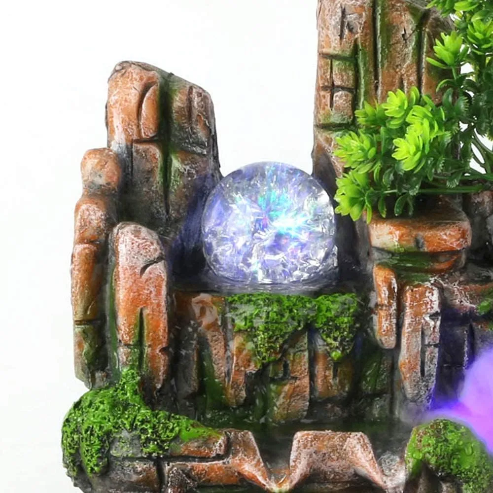 Fountain Waterfall Desktop with Light Indoor Fountain Zen Meditation Plants Stones LED Lamp Rockery Pump with Light Relaxation Resin Planter for Office Decoration (Fish)