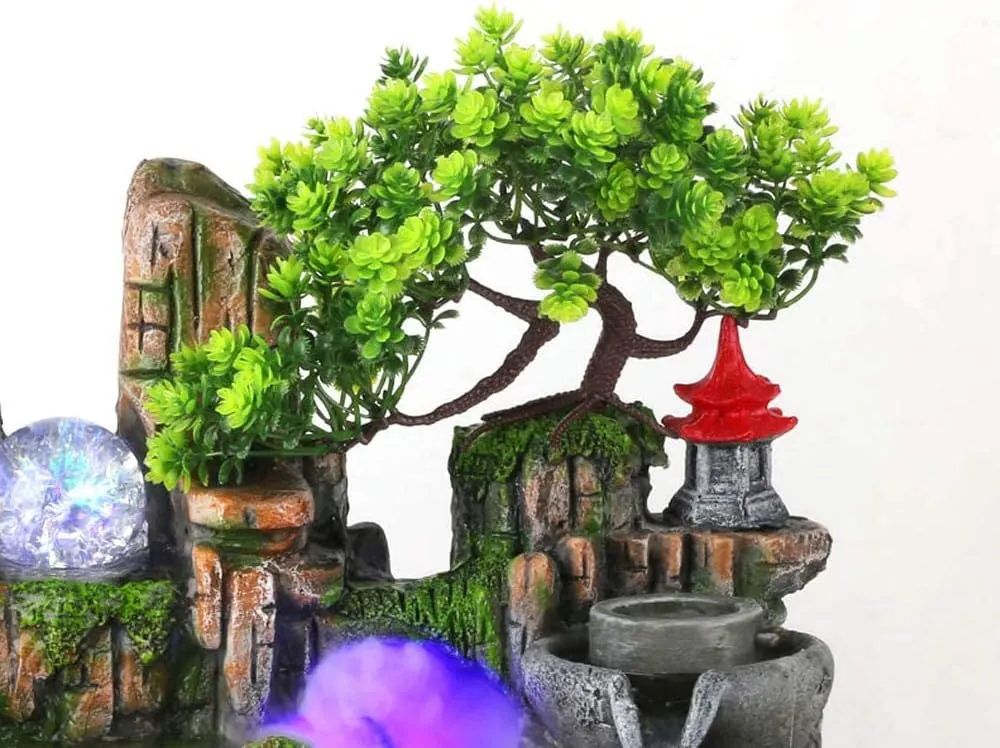Fountain Waterfall Desktop with Light Indoor Fountain Zen Meditation Plants Stones LED Lamp Rockery Pump with Light Relaxation Resin Planter for Office Decoration (Fish)