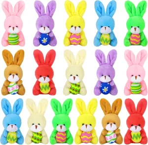 Fovths 16 Pack 4.7 Inch Easter Bunnies Plush Toys Set Easter Stuffed Rabbit Keychain Toys with Easter Egg Easter Party Favors
