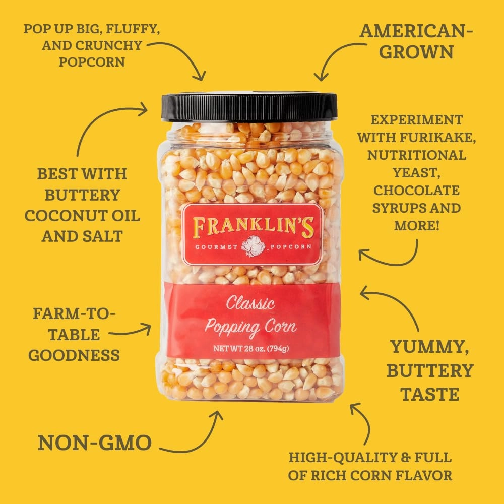 Franklin’s Gourmet Popcorn 28oz Tub Classic Popcorn Kernels for Popping - Made in USA, Non-GMO & All-Natural - Old Fashioned Unpopped Popcorn Kernels for Popcorn Machine
