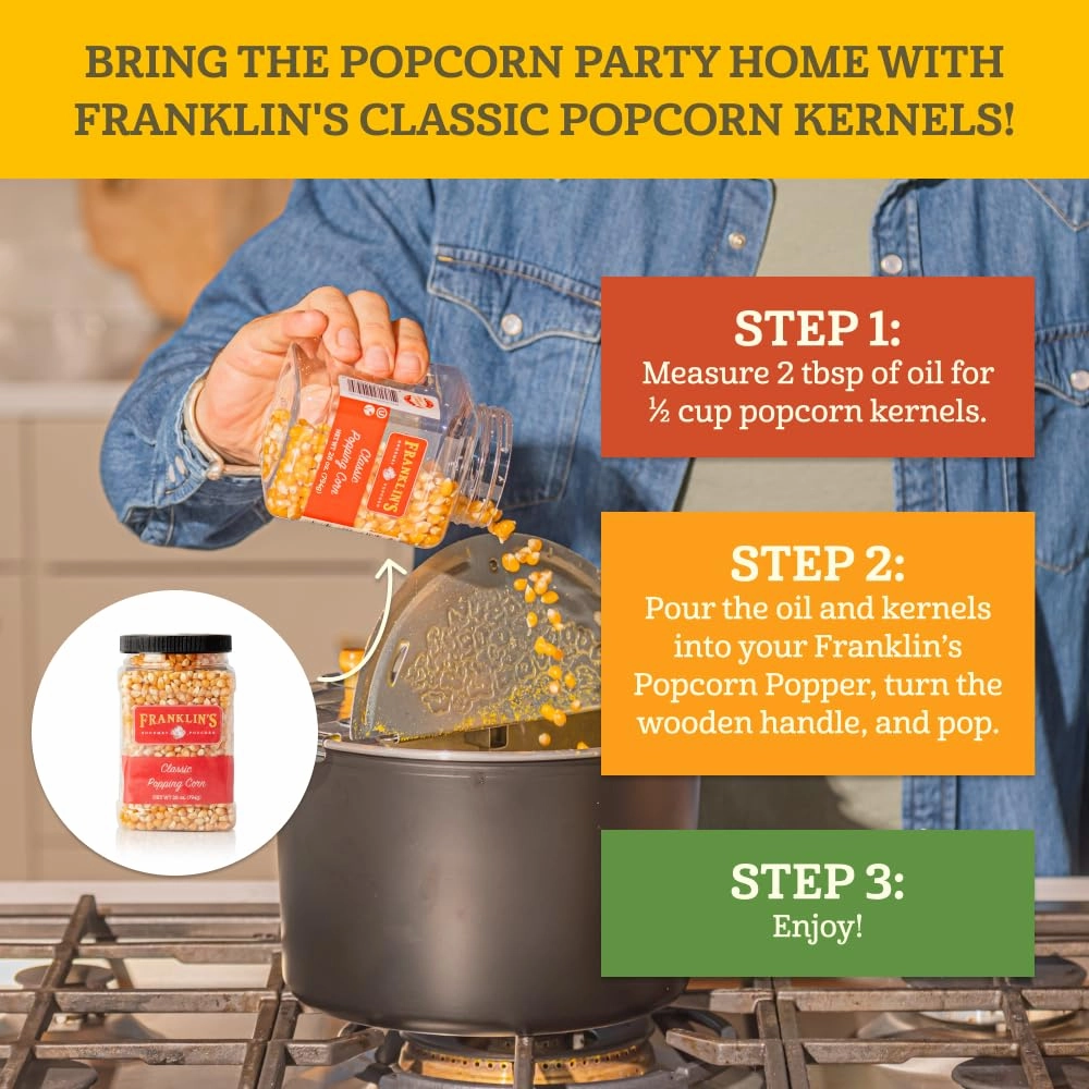 Franklin’s Gourmet Popcorn 28oz Tub Classic Popcorn Kernels for Popping - Made in USA, Non-GMO & All-Natural - Old Fashioned Unpopped Popcorn Kernels for Popcorn Machine