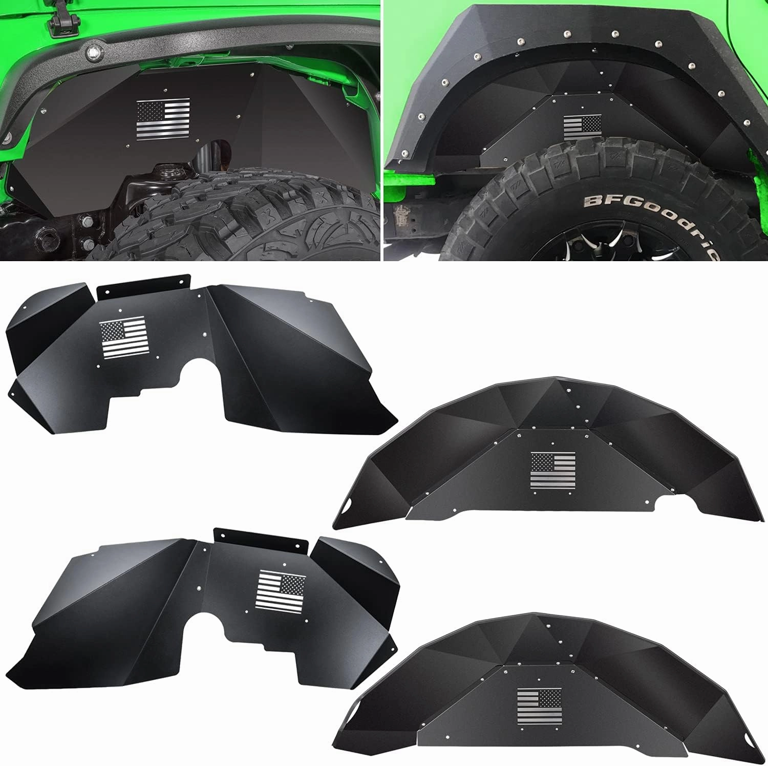 Front Rear Inner Fender Liners for Jeep Wrangler JK JKU 2007-2018 4WD US Flag Logo Corrosion-Resistant Aluminum Lightweight Design Splash Guards (Black)