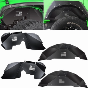 Front Rear Inner Fender Liners for Jeep Wrangler JK JKU 2007-2018 4WD US Flag Logo Corrosion-Resistant Aluminum Lightweight Design Splash Guards (Black)