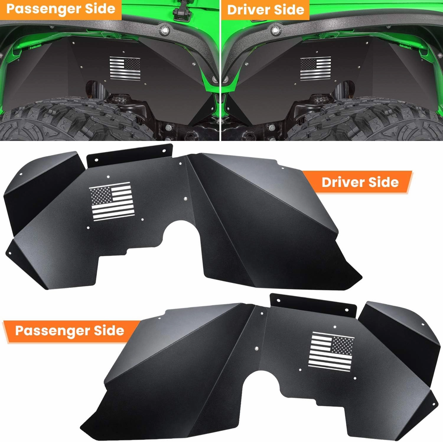 Front Rear Inner Fender Liners for Jeep Wrangler JK JKU 2007-2018 4WD US Flag Logo Corrosion-Resistant Aluminum Lightweight Design Splash Guards (Black)