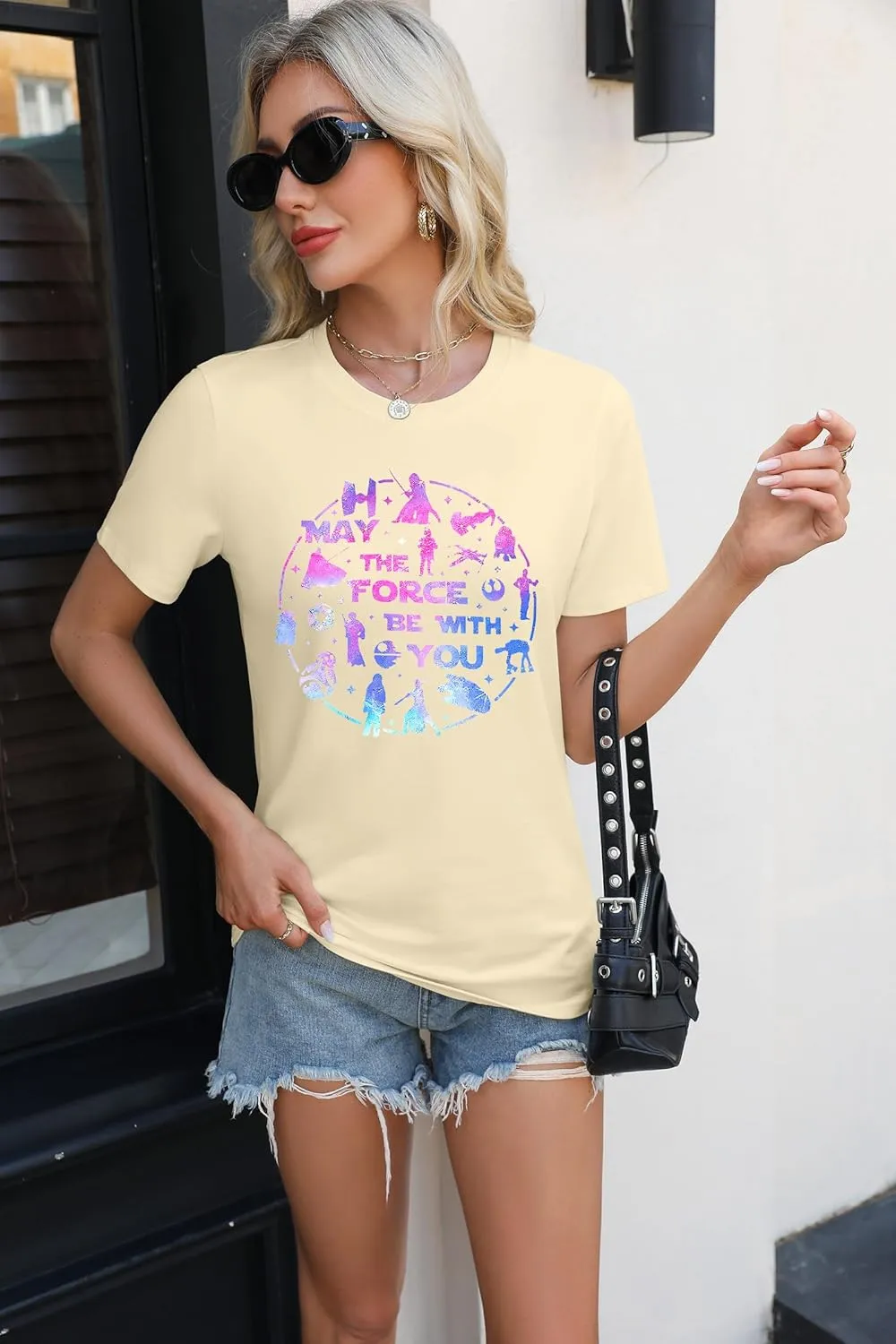 FRYAID May The Power Be with You Shirt Women Vintage Magical Tshirt Magic Graphic Tee Family Vacation Casual Short Sleeve Top