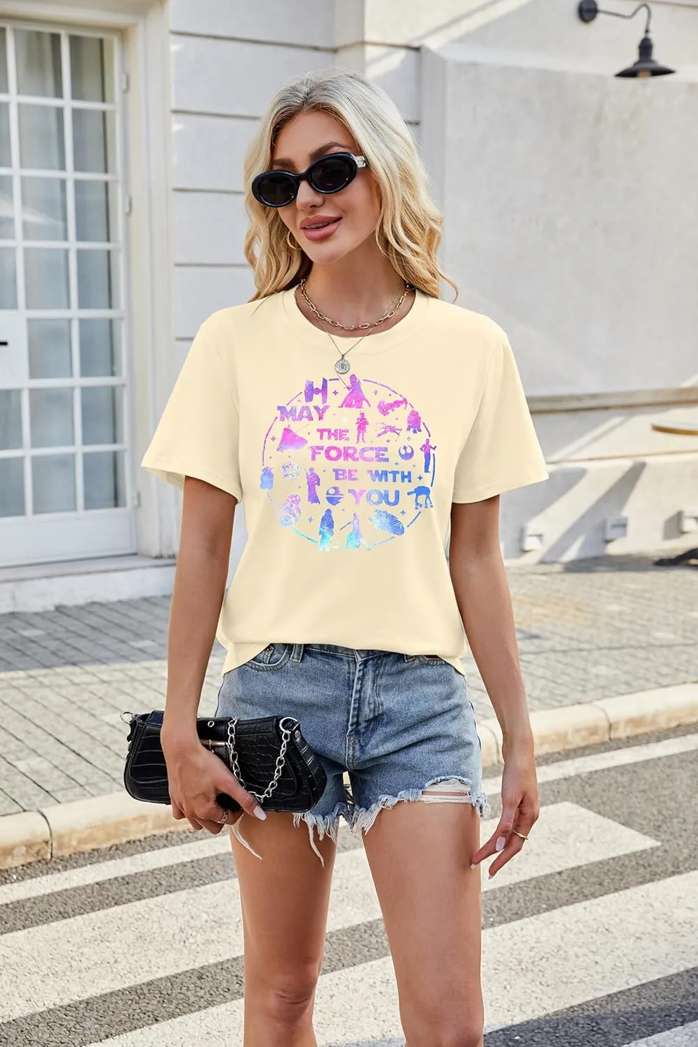 FRYAID May The Power Be with You Shirt Women Vintage Magical Tshirt Magic Graphic Tee Family Vacation Casual Short Sleeve Top