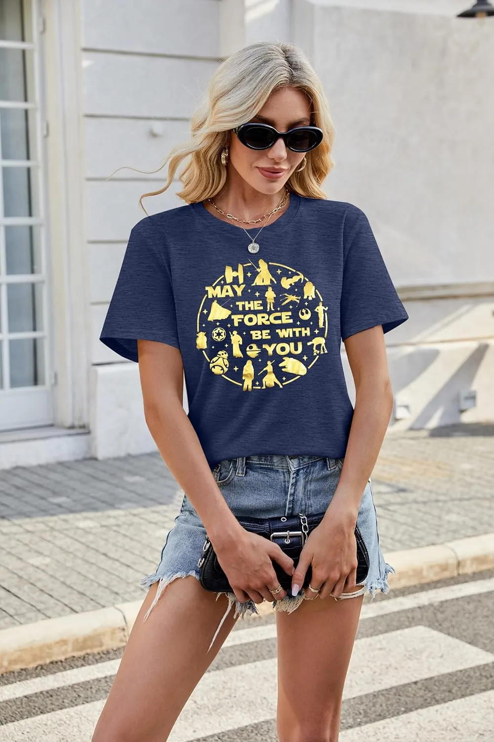 FRYAID May The Power Be with You Shirt Women Vintage Magical Tshirt Magic Graphic Tee Family Vacation Casual Short Sleeve Top