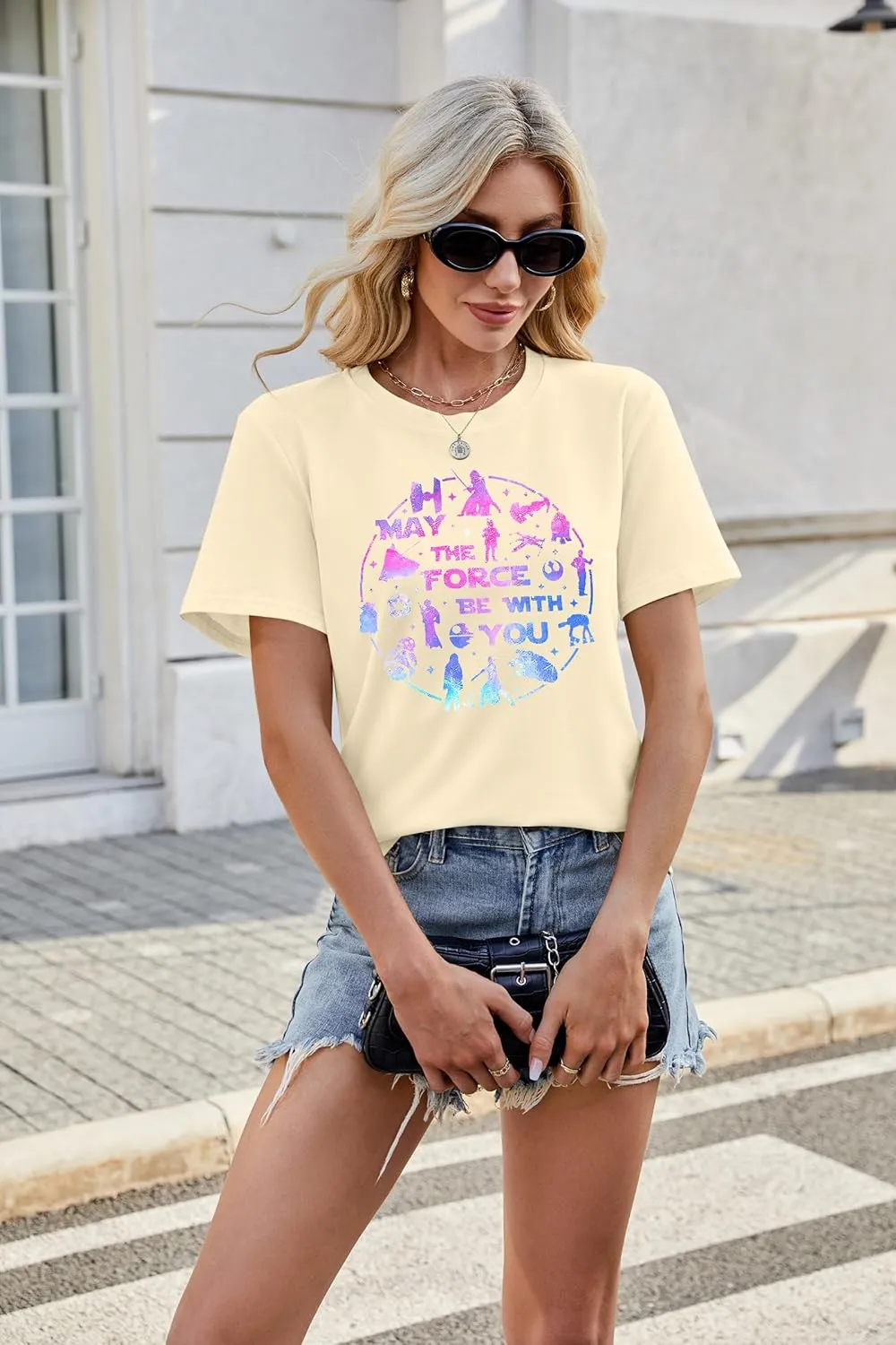 FRYAID May The Power Be with You Shirt Women Vintage Magical Tshirt Magic Graphic Tee Family Vacation Casual Short Sleeve Top