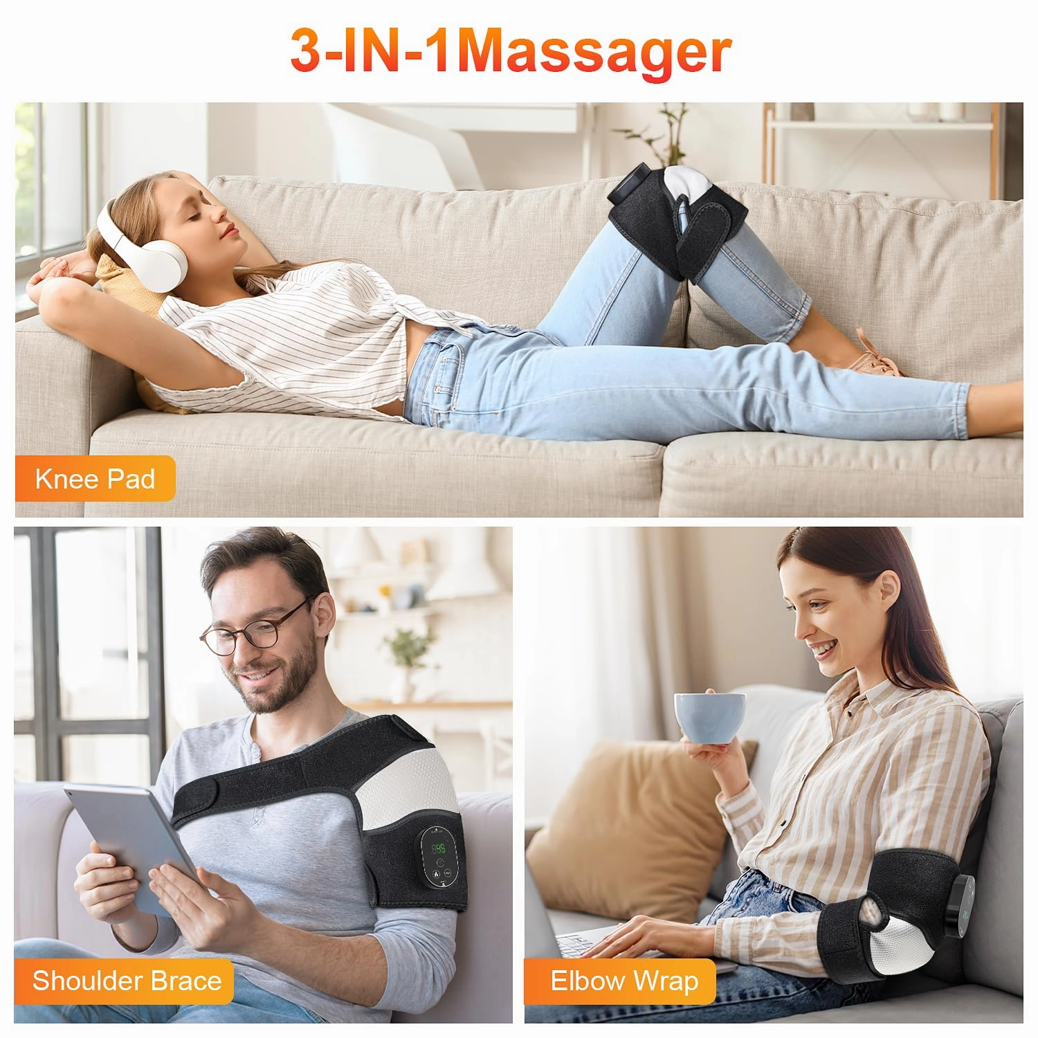 FSA or HSA Eligible Cordless Heated Knee Massager 3-in-1 Electric Knee Massager with Heat for Knee Heating Pad Elbow Shoulder Pain Relief Wrap with 3 Vibration & 6 Heating Modes