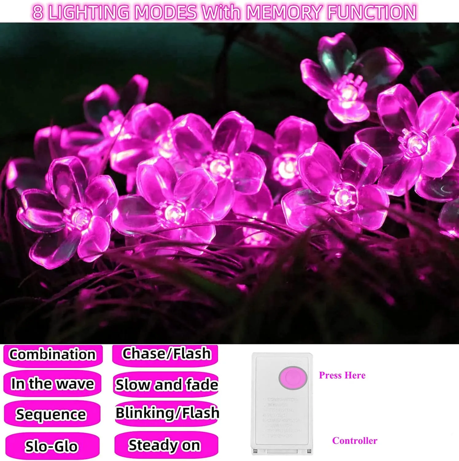 FULLBELL Pink LED String Lights 33ft 100 Bulbs - Waterproof Flower Fairy Lights with 8 Modes for Bedroom, Wedding, Christmas Party Decor - Indoor/Outdoor Pink Lights for Romantic Home Decor.