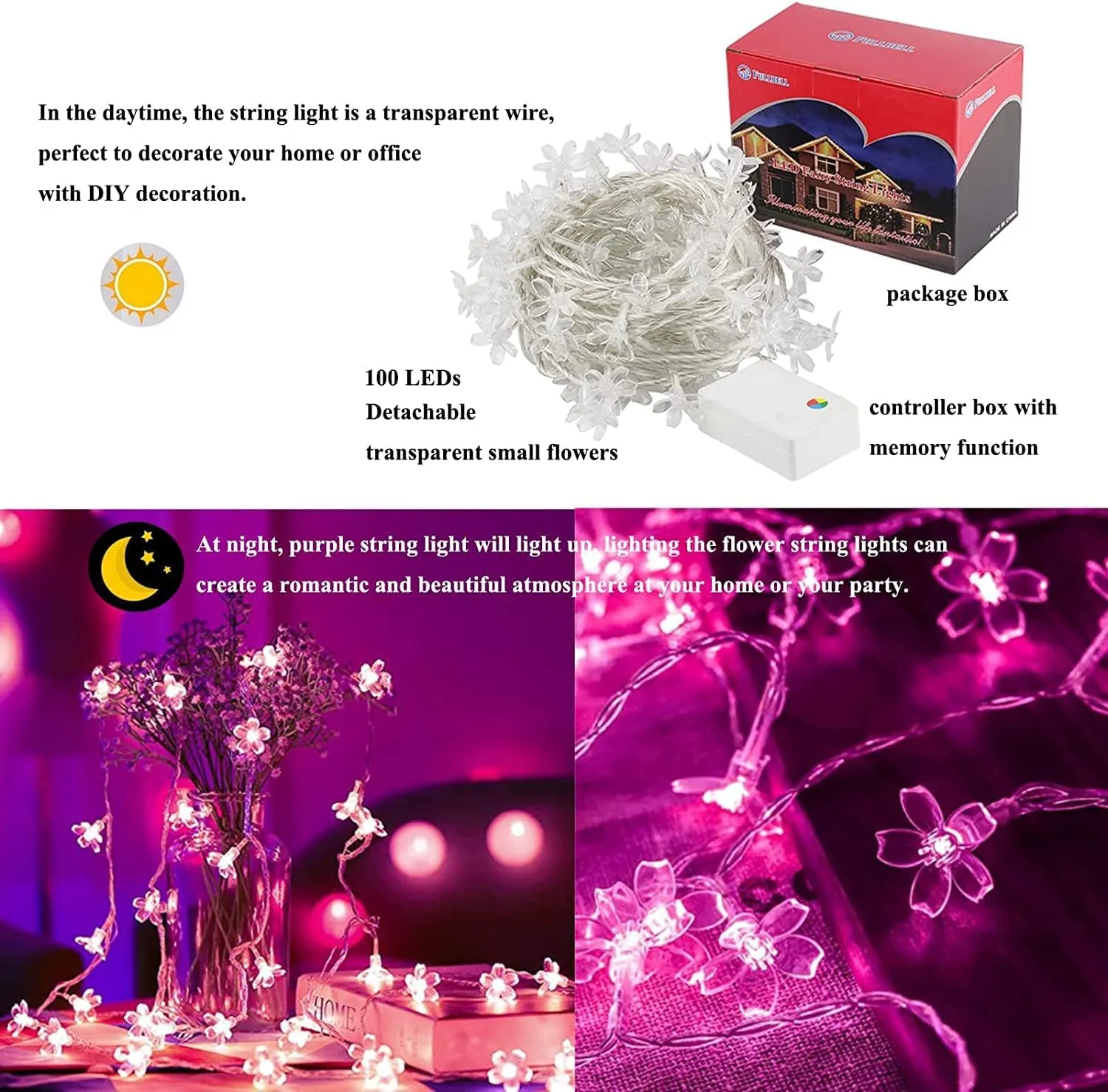 FULLBELL Pink LED String Lights 33ft 100 Bulbs - Waterproof Flower Fairy Lights with 8 Modes for Bedroom, Wedding, Christmas Party Decor - Indoor/Outdoor Pink Lights for Romantic Home Decor.