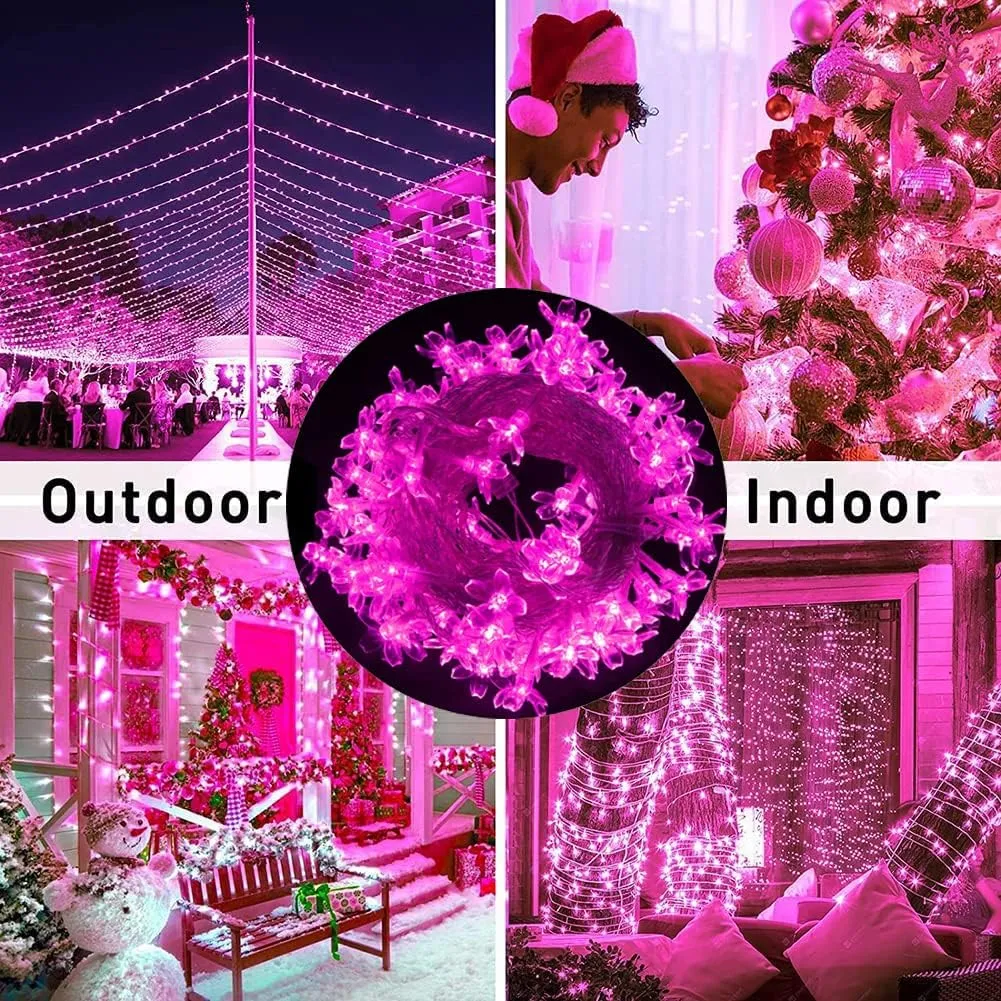FULLBELL Pink LED String Lights 33ft 100 Bulbs - Waterproof Flower Fairy Lights with 8 Modes for Bedroom, Wedding, Christmas Party Decor - Indoor/Outdoor Pink Lights for Romantic Home Decor.
