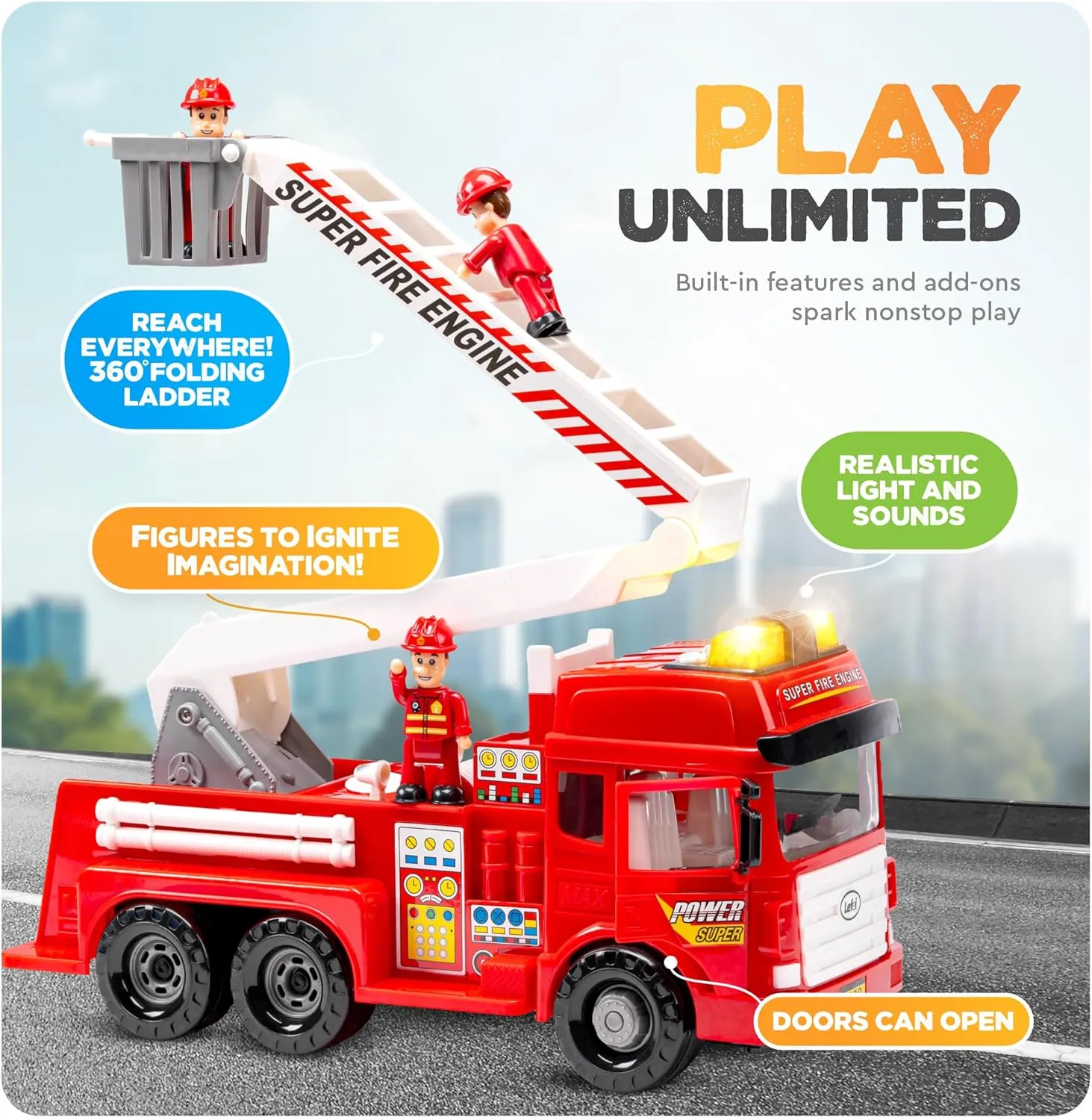 FUNERICA Large Fire Truck Toy with Lights and Sounds - Doors That Open - Big Folding Ladder - with Toy Firemen Figures - Red Firetruck Engine for Toddlers and Kids