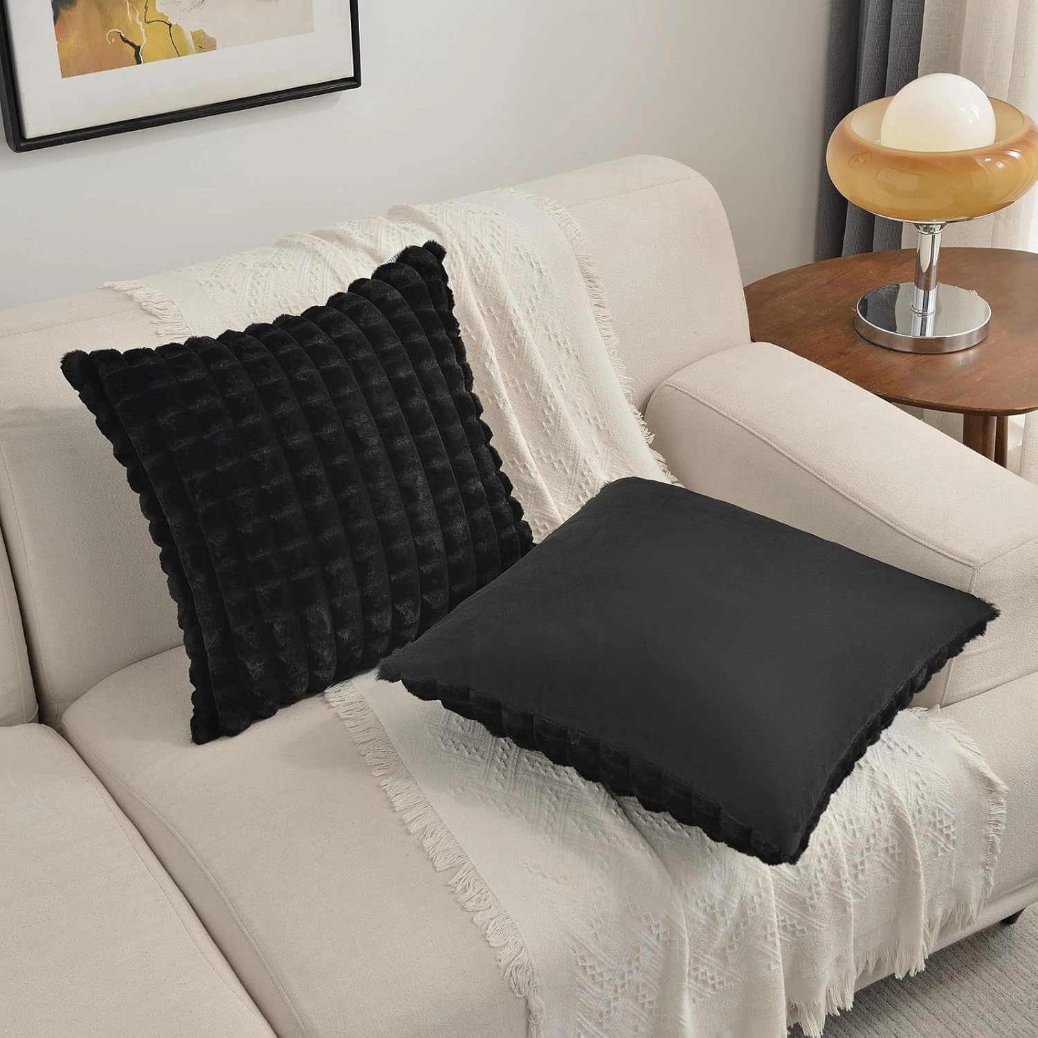 FUTEI Black Decorative Throw Pillow Covers 14x14 Inch Set of 2,Square Cushion Case,Fluffy Faux Rabbit Fur Plaid & Soft Velvet Back,Modern Home Decor for Couch Bed