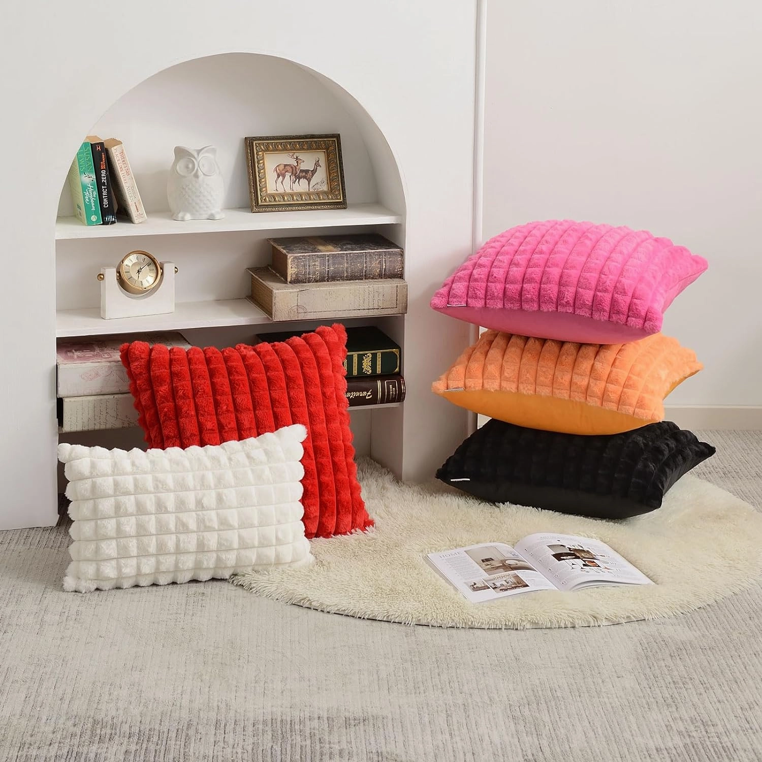 FUTEI Black Decorative Throw Pillow Covers 14x14 Inch Set of 2,Square Cushion Case,Fluffy Faux Rabbit Fur Plaid & Soft Velvet Back,Modern Home Decor for Couch Bed