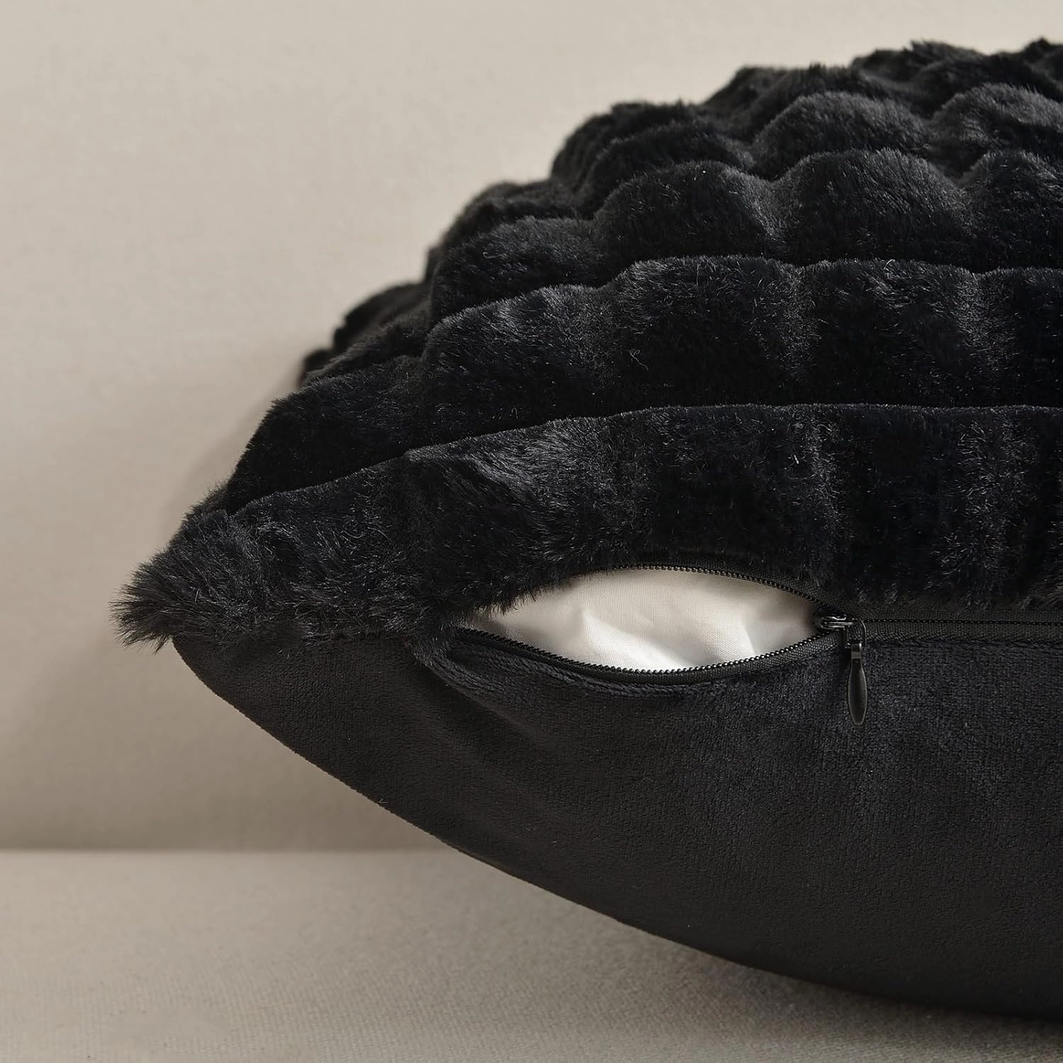 FUTEI Black Decorative Throw Pillow Covers 14x14 Inch Set of 2,Square Cushion Case,Fluffy Faux Rabbit Fur Plaid & Soft Velvet Back,Modern Home Decor for Couch Bed