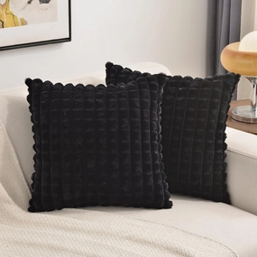 FUTEI Black Decorative Throw Pillow Covers 14x14 Inch Set of 2,Square Cushion Case,Fluffy Faux Rabbit Fur Plaid & Soft Velvet Back,Modern Home Decor for Couch Bed