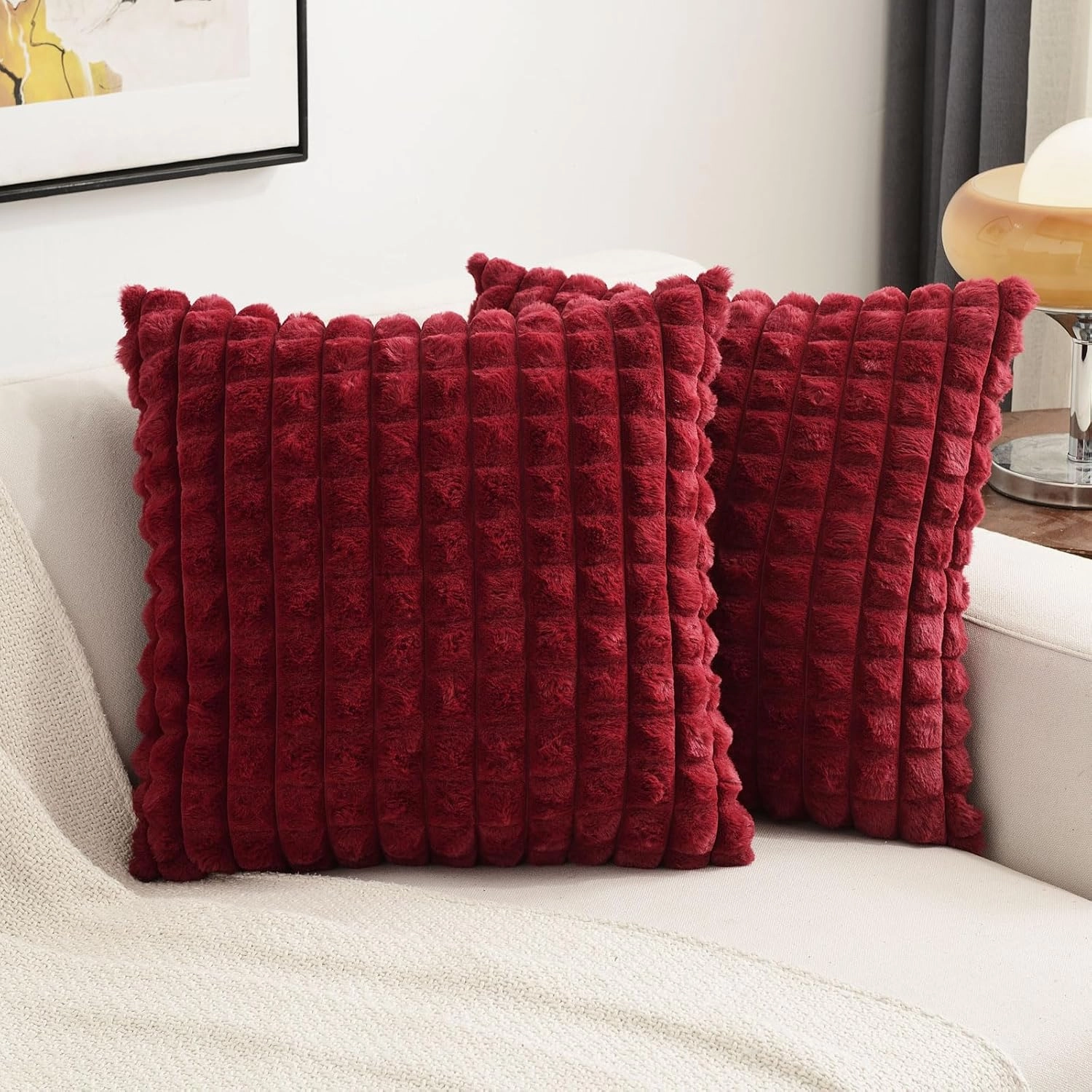 FUTEI Burgundy Decorative Throw Pillow Covers 18x18 Inch Set of 2,Wine Red Square Cushion Case,Fluffy Faux Rabbit Fur Plaid & Soft Velvet Back,Modern Home Decor for Couch Bed