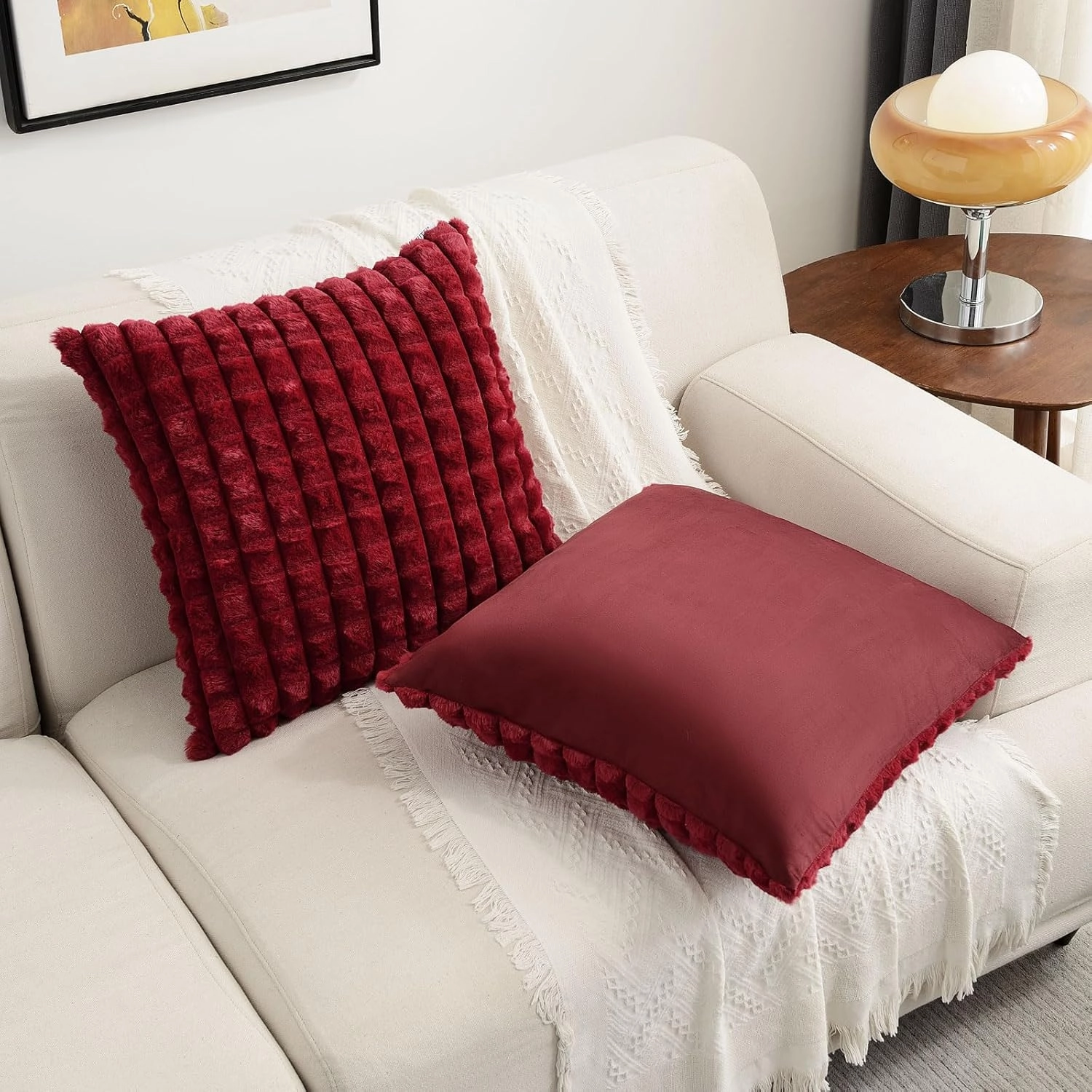 FUTEI Burgundy Decorative Throw Pillow Covers 18x18 Inch Set of 2,Wine Red Square Cushion Case,Fluffy Faux Rabbit Fur Plaid & Soft Velvet Back,Modern Home Decor for Couch Bed